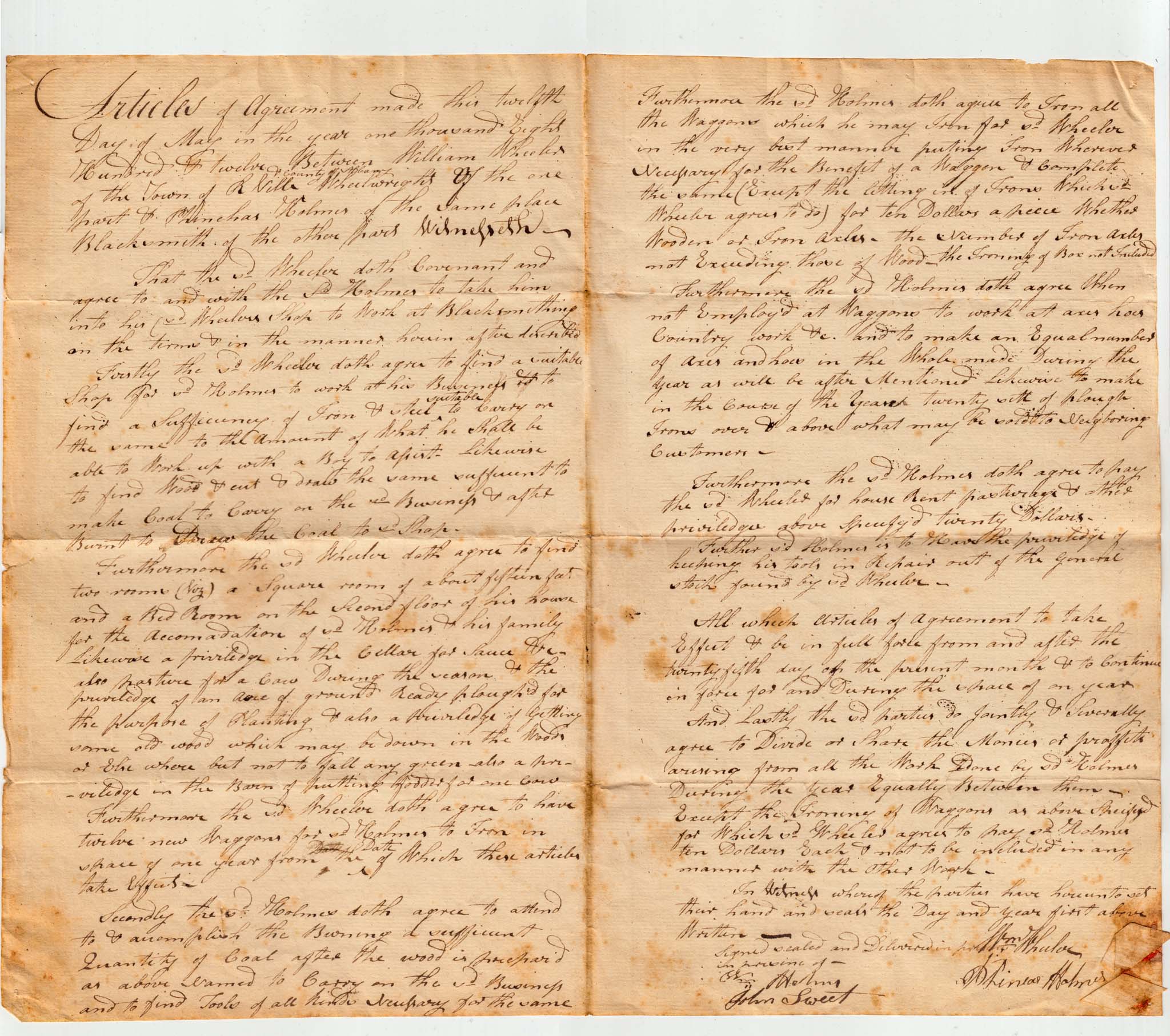 HBC001, 1812-05-12 Partnership Agreement Between Wm. Wheeler, Wheelwright, and Phineas Holmes, Blacksmith